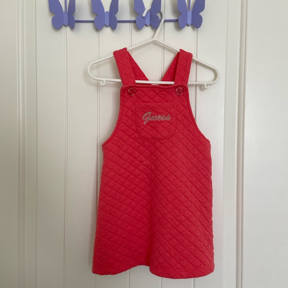 GUESS toddler girl’s quilted cotton blend pink coral overall skirt dress 3T